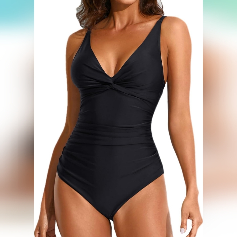 SMISMIVO Elegant Women's Black Tummy Control Ruched Swimsuit Slimming